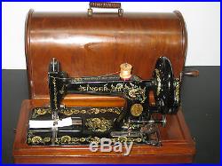 ANTIQUE SINGER 48k HAND CRANK SEWING MACHINE WITH BENT WOODEN CARRY CASE