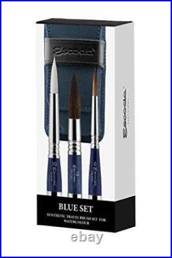 Artist Watercolor Travel Brush Set with Canvas Pouch 3 Short Handle Brushes Blue