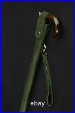 Beautiful Green Covers Bag For Walking Stick Cane Storage Handmade Leather Gift