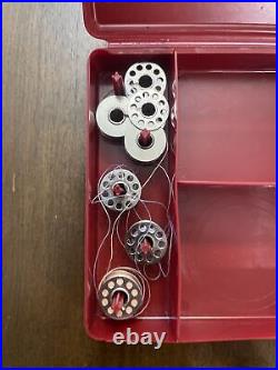 Bernina Red Accessories Box Case with 7 Presser Feet, 7 Bobbins & Lot with extra