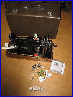 Cast Iron Singer 201 Converted Hand Sewing Machine With Wooden Carry Case