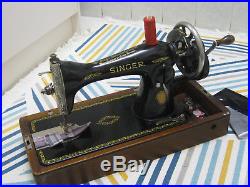 Cast Iron Singer 15k Hand Sewing Machine With Bent Wooden Carry Case