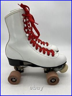 Chicago White Leather Roller Derby Roller Skates Arrow Wheels Red Laces withCase