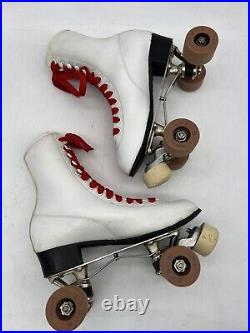 Chicago White Leather Roller Derby Roller Skates Arrow Wheels Red Laces withCase