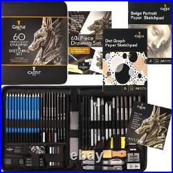 Complete 60-Piece Drawing Kit Graphite, Charcoal & Pastel in Stylish Carry Case