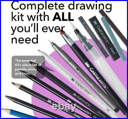 Complete 60-Piece Drawing Kit Graphite, Charcoal & Pastel in Stylish Carry Case