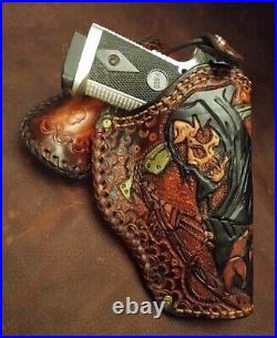 Gun leather tooled case holster magazine lace kangaroo reaper skull concho USA