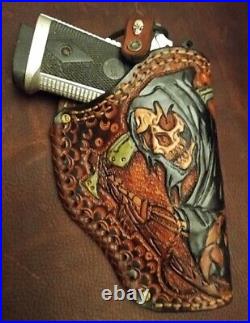 Gun leather tooled case holster magazine lace kangaroo reaper skull concho USA