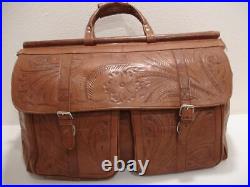 Large 20 Weekender Bag Vtg Brown Hand Tooled Leather Western Duffle Carry-On