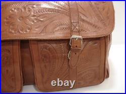 Large 20 Weekender Bag Vtg Brown Hand Tooled Leather Western Duffle Carry-On