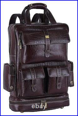 Leather Grain Backpack Laptop Bag Multi Pockets Travel Daypack (Chocolate Brown)