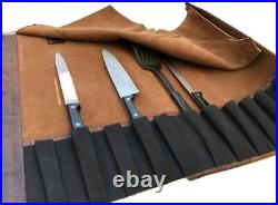 Pure Leather Chefs Knife Roll Bag, Knives Carry Case Wallet 10 Pockets, DARK COLOR