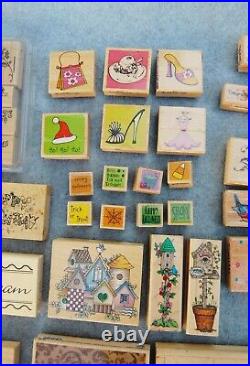 Rubber Stamp Lot 61 & Carry Case Tote Bag Novelty Holiday Halloween Baby Garden