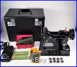 SINGER 222 222k Featherweight Sewing Machine w Carry Case & Feet110vRED S 1960
