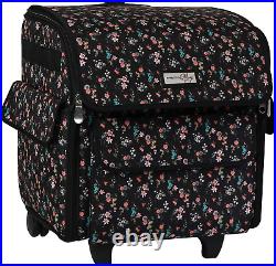 Serger Machine Rolling Storage Case, Black Floral Carrying Bag for Overlock Ma