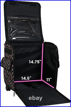 Serger Machine Rolling Storage Case, Black Floral Carrying Bag for Overlock Ma