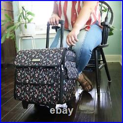 Serger Machine Rolling Storage Case, Black Floral Carrying Bag for Overlock Ma