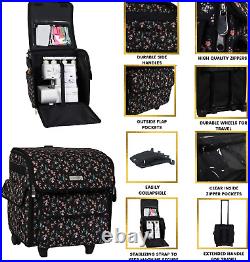 Serger Machine Rolling Storage Case, Black Floral Carrying Bag for Overlock Ma
