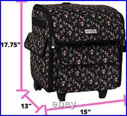 Serger Machine Rolling Storage Case, Black Floral Carrying Bag for Overlock Ma