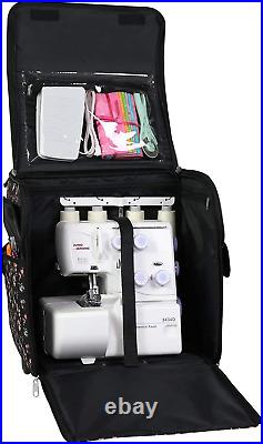 Serger Machine Rolling Storage Case, Black Floral Carrying Bag for Overlock Ma