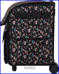 Serger Machine Rolling Storage Case, Black Floral Carrying Bag for Overlock Ma