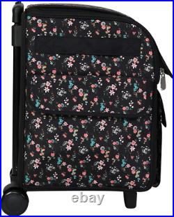 Serger Machine Rolling Storage Case, Black Floral Carrying Bag for Overlock Ma