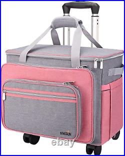 Sewing Machine Case with Wheels, Grey& Pink Foldable Deluxe Rolling Sewing Mac