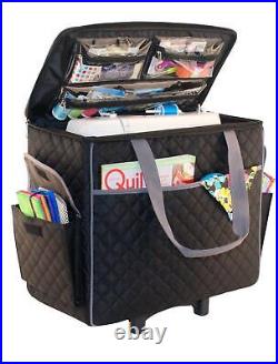 Sewing Machine Rolling Carrying Case, Black Quilted Trolley Bag with Wheels