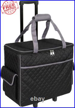 Sewing Machine Rolling Carrying Case, Black Quilted Trolley Bag with Wheels fo