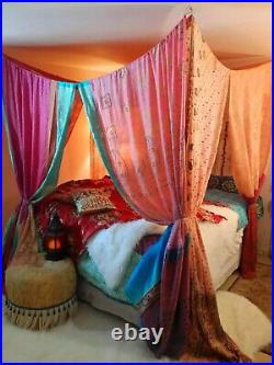 Silk Sari Bed Canopy Four Post Bed Canopy Drapes Vintage fabric Canopy