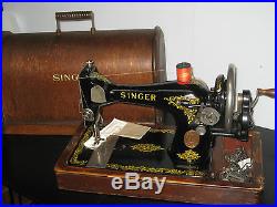 Vintage Cast Iron 28k Hand Crank Sewing Machine With Bent Wooden Carry Case