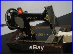 Vintage Cast Iron 28k Hand Crank Sewing Machine With Bent Wooden Carry Case