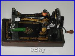 Vintage Cast Iron 28k Hand Crank Victorian Sewing Machine With Wooden Carry Case