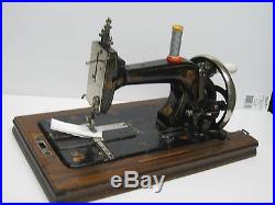 Vintage Cast Iron Hand Crank Sewing Machine With Original Wooden Carry Case