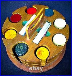 Vintage 1930's Bakelite Poker Chips & Crafted Wooden Carrying Case USA
