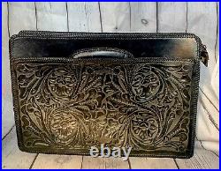 Vintage Black Cowhide Leather Handtooled Briefcase Embossed Ornate Carryall Case