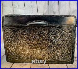 Vintage Black Cowhide Leather Handtooled Briefcase Embossed Ornate Carryall Case