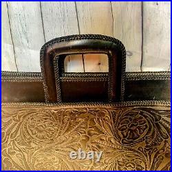 Vintage Black Cowhide Leather Handtooled Briefcase Embossed Ornate Carryall Case