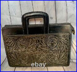 Vintage Black Cowhide Leather Handtooled Briefcase Embossed Ornate Carryall Case