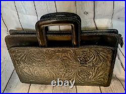 Vintage Black Cowhide Leather Handtooled Briefcase Embossed Ornate Carryall Case