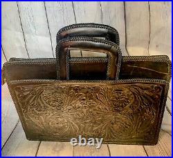 Vintage Black Cowhide Leather Handtooled Briefcase Embossed Ornate Carryall Case