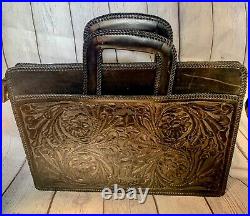 Vintage Black Cowhide Leather Handtooled Briefcase Embossed Ornate Carryall Case