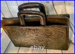 Vintage Black Cowhide Leather Handtooled Briefcase Embossed Ornate Carryall Case