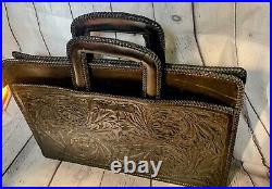 Vintage Black Cowhide Leather Handtooled Briefcase Embossed Ornate Carryall Case