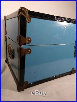 Vintage CASS TOYS Blue Metal DOLL Carrying Case Travel Trunk Craft Re-Purpose
