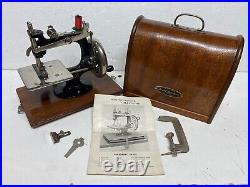 Vintage Cast Iron Lead Toy Hand Crank Sewing Machine & Bent Carry Case. Japan
