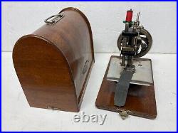 Vintage Cast Iron Lead Toy Hand Crank Sewing Machine & Bent Carry Case. Japan