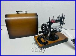 Vintage Cast Iron Toy Hand Crank Sewing Machine With Original Carry Case