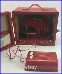 Vintage Electric Frankonia Sewing Machine Japan Red Carrying Case Box Pedal