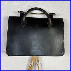 Vintage European Handmade Leather Slim Music Bag Single Handle Metal Bar Stamped